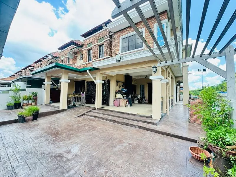 Exterior type: linked terrace house; features: brick facade, covered porch area, paved flooring, outdoor seating area, decorative planters, pergola structure, multiple storeys, large windows, gabled roof, surrounded by greenery; style: modern.