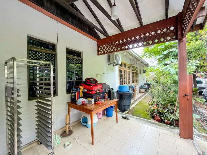 Room features: tiled flooring, wooden beams on ceiling, wall-mounted air conditioning unit, wooden table, stack of bags, outdoor storage containers, potted plants, decorative wall lattice, open space, natural light from windows; style: traditional; view: garden.