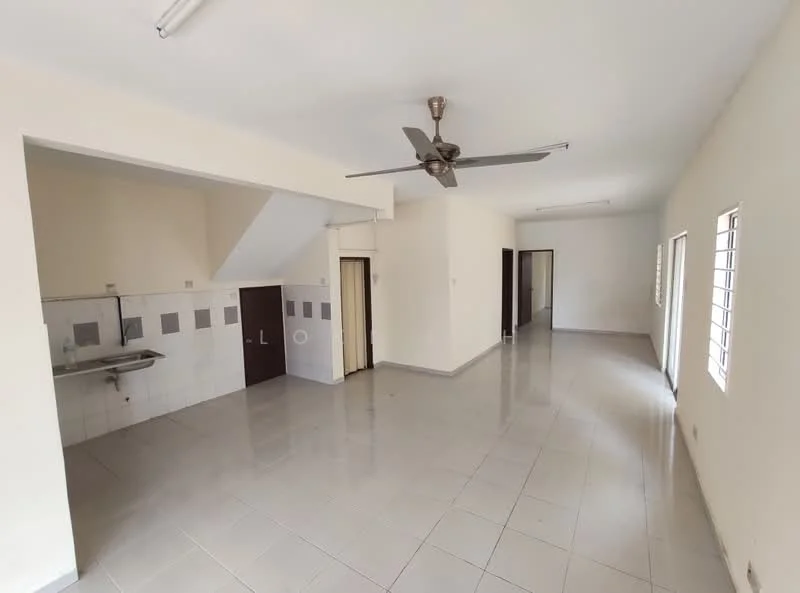 Room features: white painted walls, grey tiled flooring, ceiling fan, windows with grilles, open layout, kitchenette area with sink, staircase visible, multiple doorways; style: minimalist.
