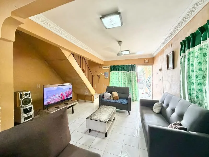 Living features: grey fabric 3-seater sofa, grey fabric 2-seater sofa, coffee table with marble top, TV console, wall-mounted TV, white tiled flooring, cream painted walls, crown moulding, ceiling fan with light, green curtains with floral pattern, staircase with wooden railing, decorative wall art; style: modern.