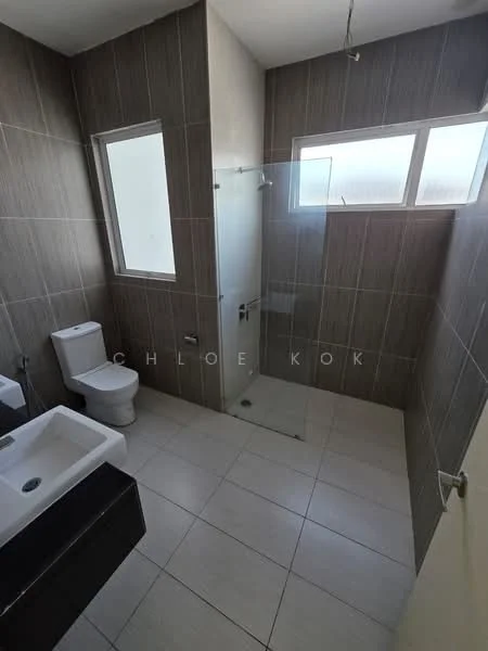 Bathroom features: grey tiled walls, white ceramic floor tiles, single-sink vanity with black cabinet, chrome basin mixer faucet, framed mirror, one-piece toilet, walk-in shower with glass enclosure, rain shower head, two windows for natural light; style: modern.