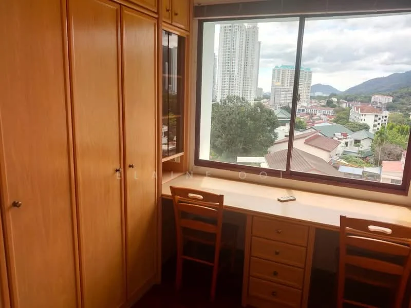Study features: wooden cabinetry, built-in wardrobe, desk with drawers, large window with city view, carpeted flooring, wooden chair, natural light from window, neutral wall color; style: modern; view: city.