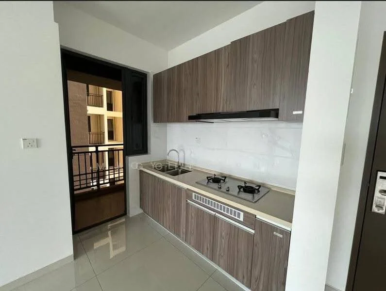 Kitchen features: brown wooden cabinetry, white countertop, double-burner gas hob, stainless-steel sink, black wall-mounted range hood, white tiled backsplash, floor-to-ceiling window, sliding glass door to balcony, grey tile flooring; style: modern.