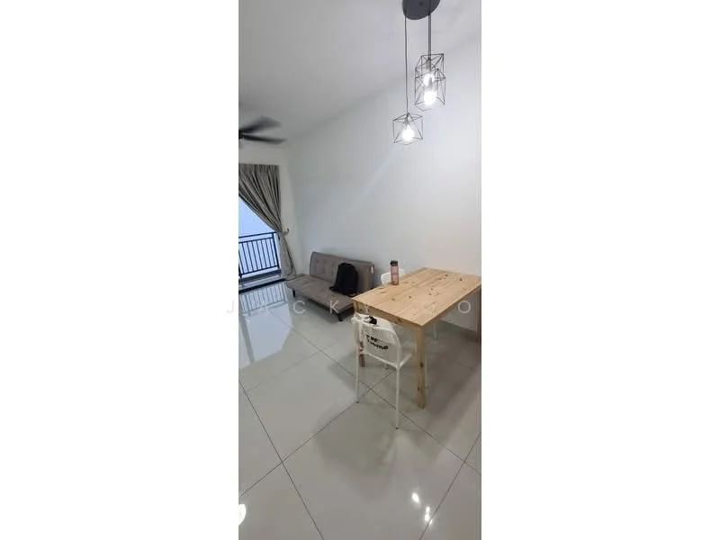 Dining features: white walls, glossy tile flooring, 5-blade ceiling fan with light, wooden dining table, transparent dining chair, sofa bed in grey, curtains, balcony door; style: modern; view: city.