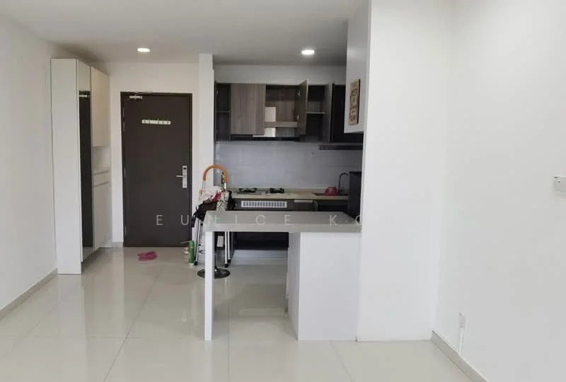 Kitchen features: white painted walls, glossy tile flooring, grey cabinetry, stainless-steel sink, chrome pull-down faucet, built-in stove, exhaust hood, countertop with breakfast bar, open layout, recessed downlights; style: modern. Room features: white painted walls, glossy tile flooring.