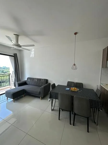 Living features: 3-seater fabric sofa in grey, ceiling fan, dining table with checkered tablecloth, 4 upholstered dining chairs, pendant light, floor-to-ceiling windows, sliding glass door, white painted walls, glossy tile flooring, balcony view; style: modern; view: garden.