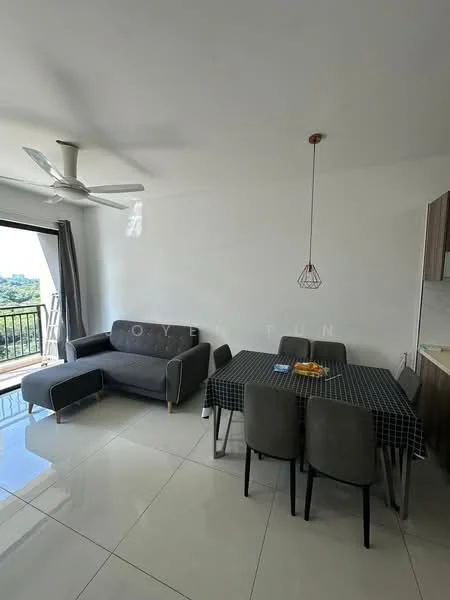 Dining features: grey fabric sofa, 6-seater dining table, black and white checkered tablecloth, grey upholstered dining chairs, pendant light fixture, floor-to-ceiling windows, sliding glass door, white painted walls, glossy ceramic tile flooring, ceiling fan with light; style: modern; view: city.
