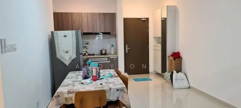 Kitchen features: white painted walls, glossy tile flooring, brown wooden cabinetry, stainless-steel sink, chrome pull-down faucet, built-in stove, microwave, kitchen countertop, dining table with chairs, tablecloth, kettle, dish soap, open shelving, laundry area with washing machine, refrigerator; style: modern.