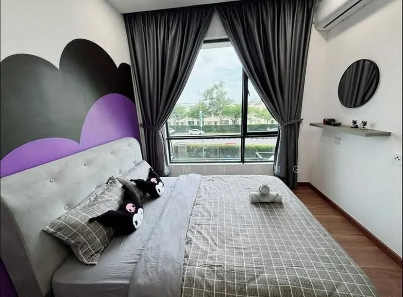 Bedroom features: queen-size bed with upholstered headboard, grey and white checkered bedding, two decorative pillows, black plush toys, floor-to-ceiling windows, purple accent wall, grey curtains, wooden flooring, round wall mirror, air conditioning unit; style: modern; view: garden.