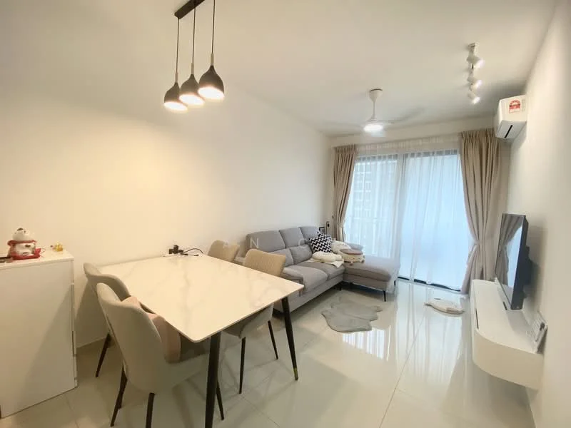 Living features: grey L-shape sectional sofa, white marble coffee table, wall-mounted TV, white TV console, 5-blade ceiling fan with light, recessed downlights, floor-to-ceiling windows, sheer curtains, light-coloured tiled flooring, decorative throw pillows, area rug, dining table with 6 chairs; style: modern; view: city.