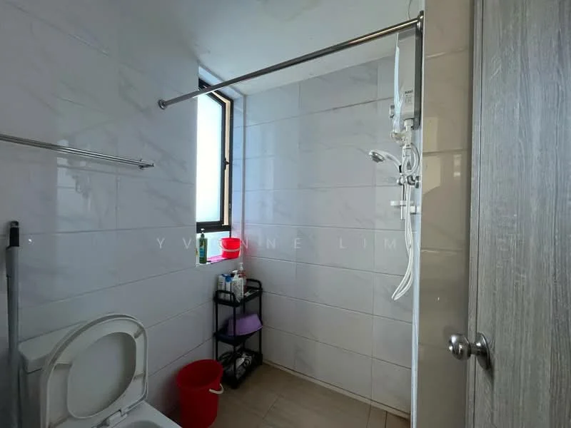 Bathroom features: white tiled walls, light beige tiled flooring, window for natural light, shower area with glass partition, wall-mounted showerhead, toilet, towel rail, small storage cart, red waste bin; style: modern.