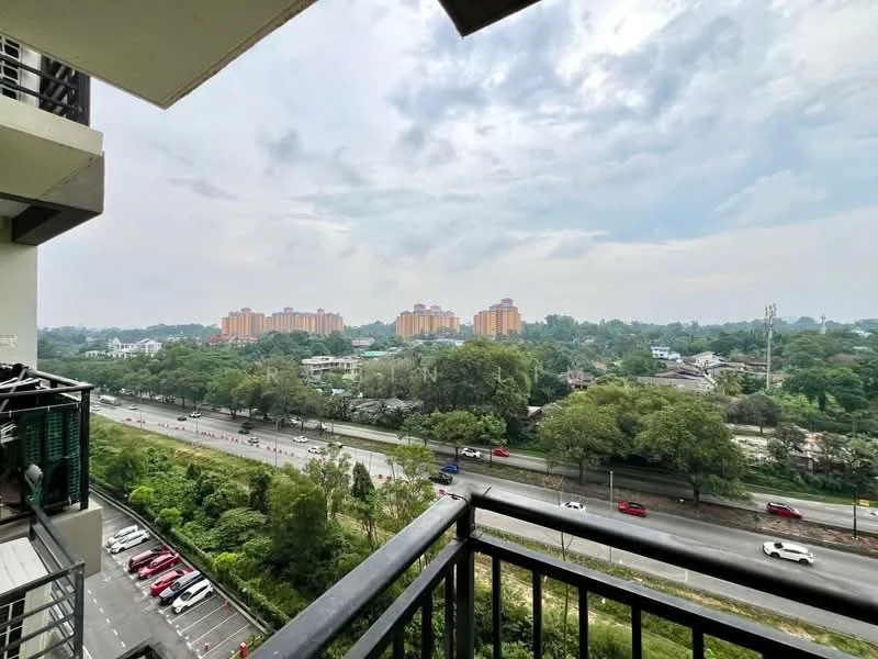 Exterior type: high-rise condominium; features: balcony with railing, view of city skyline, surrounded by greenery, near main road, parking lot visible, multiple residential buildings in the background; style: modern.