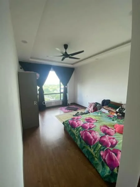 Bedroom features: wooden flooring, white painted walls, tray ceiling, 5-blade ceiling fan, floor-to-ceiling window, blackout curtains, queen-size bed with floral bedding, built-in wardrobe, decorative wall art, area rug with floral pattern; style: modern; view: garden.