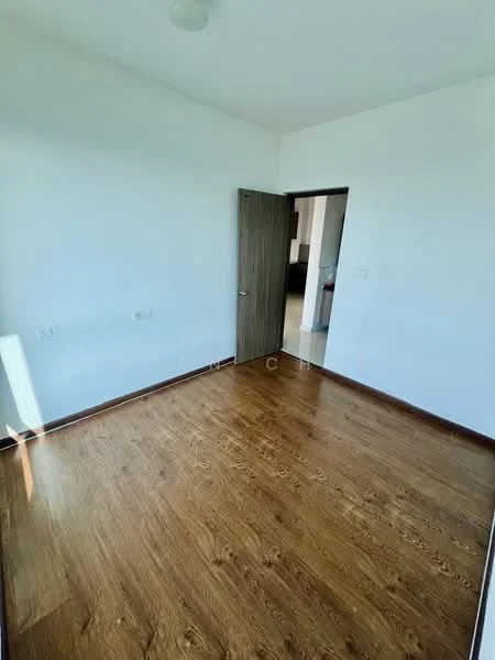 Room features: white painted walls, wooden flooring, single door, door frame, window opening, natural light from window, no visible furniture, minimal decor; style: modern.