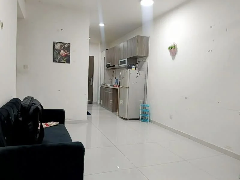 Living features: white painted walls, glossy white tile flooring, sofa in black fabric, refrigerator, built-in kitchen cabinets in wood, microwave, kitchen countertop, kitchen sink, wall-mounted light fixtures, decorative wall plant, open layout, small dining area, area rug; style: modern.