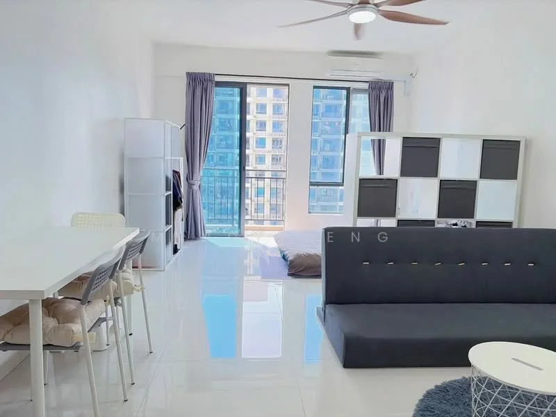 Living features: white painted walls, glossy tile flooring, 5-blade ceiling fan with light, floor-to-ceiling windows, sliding glass door, grey fabric sofa, white dining table, 4 dining chairs, built-in wardrobe with black and white panels, air conditioning unit; style: modern; view: city.