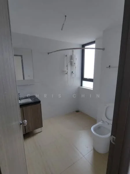 Bathroom features: single-sink vanity with wood cabinet, chrome basin mixer, framed mirror, one-piece toilet, handheld shower, shower curtain rod, tile flooring, white painted walls, window, ceiling light fixture; style: modern.