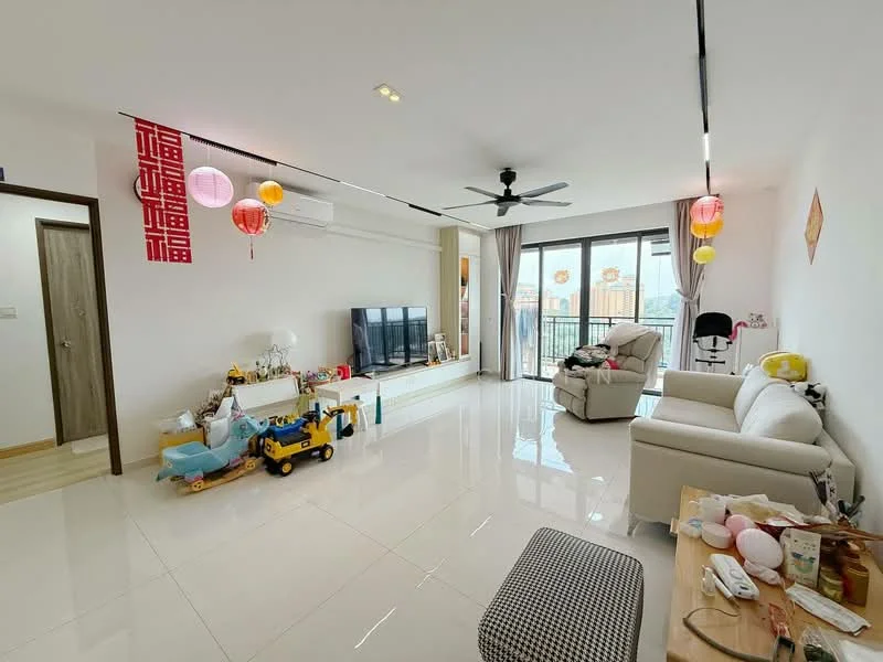 Living features: white painted walls, glossy tile flooring, 5-blade ceiling fan with light, wall-mounted TV, white entertainment unit, cream fabric sofa, recliner chair, decorative lanterns, sliding glass door, balcony access, decorative wall art, toys and children's items on the floor, coffee table, area rug; style: modern; view: city.