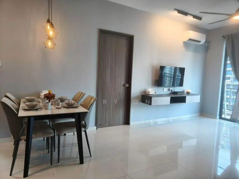 Living features: grey painted walls, white tiled flooring, 5-blade ceiling fan, wall-mounted TV, floating TV console, large window with sheer curtains, dining table for 4, upholstered dining chairs, decorative pendant lighting; style: modern; view: city.