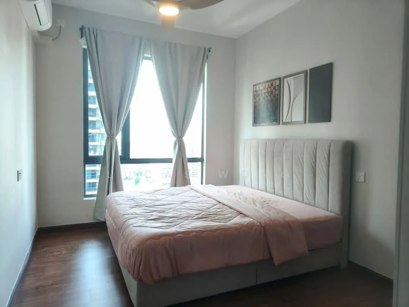 Bedroom features: king-size bed with upholstered headboard, pink bedspread, wooden flooring, floor-to-ceiling window, sheer curtains, wall-mounted split AC, decorative wall art, light ceiling fan with integrated light; style: modern; view: city.