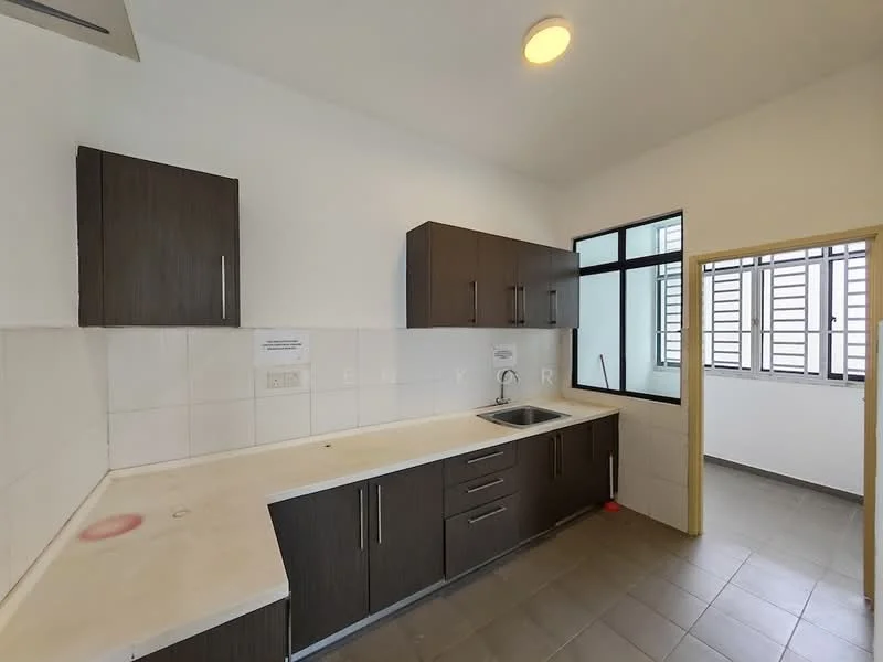 Kitchen features: dark wood cabinetry, white countertop, single-bowl stainless-steel sink, chrome pull-down faucet, tile backsplash, ceramic tile flooring, window with grid pattern, recessed ceiling light; style: modern.