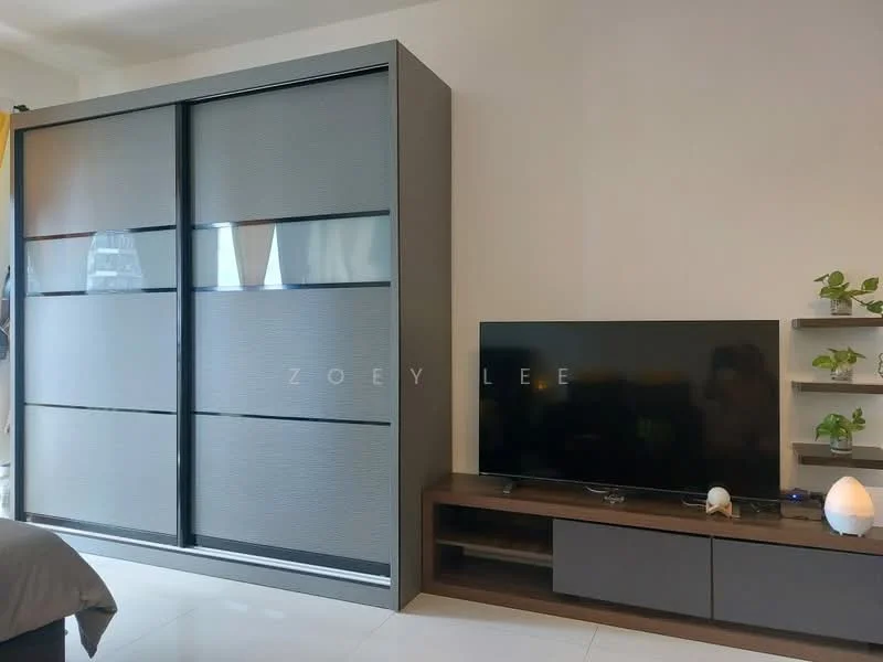 Room features: sliding wardrobe with grey panels, wall-mounted TV, wooden TV console with storage, decorative shelf with plants, white walls, glossy tile flooring, ambient lighting, window with sheer curtains; style: modern.