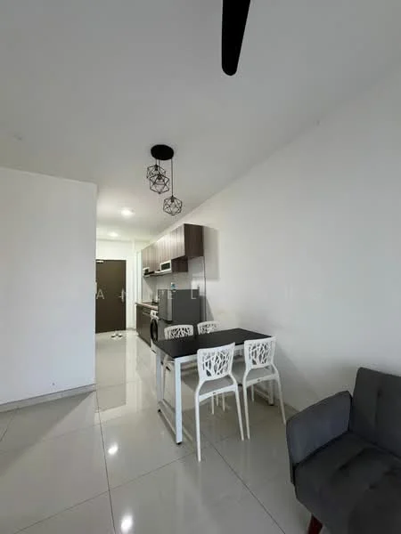 Dining features: white dining table, 4 white dining chairs, grey sofa, pendant lighting, white painted walls, glossy tile flooring, open layout to kitchen, ceiling fan; style: modern. Kitchen features: stainless-steel appliances, wood cabinetry, countertop, kitchen island, built-in oven, microwave, sink, tile backsplash; style: modern.
