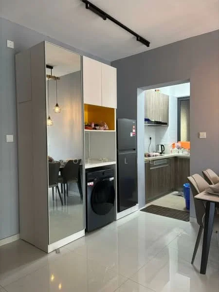 Kitchen features: grey painted walls, white cabinetry, mirror-fronted cabinet, black washing machine, stainless-steel fridge, ceramic tile flooring, recessed downlights, kitchen countertop, kitchen sink, kitchen appliances, dining table with chairs; style: modern.