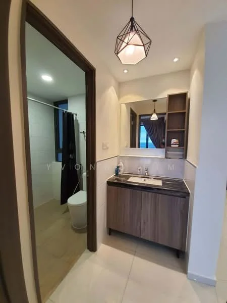 Bathroom features: single-sink vanity with wood cabinet, black countertop, mirror above vanity, pendant light fixture, white tiled walls, grey tiled flooring, glass shower enclosure, toilet, curtain for shower area; style: modern.
