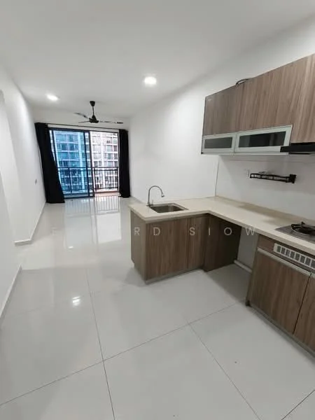Kitchen features: white painted walls, glossy ceramic tile flooring, ceiling fan, single-bowl stainless-steel sink, chrome pull-down faucet, laminate countertop, wood cabinetry, built-in oven, 4-burner gas hob, open layout to living area, floor-to-ceiling windows, blackout curtains; style: modern; view: city.