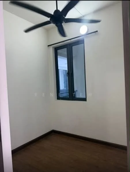 Room features: white painted walls, wooden flooring, ceiling fan, window with dark frame.