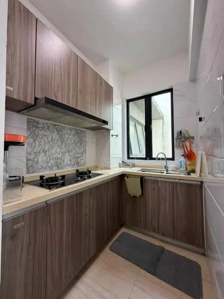 Kitchen features: brown wooden cabinetry, marble backsplash, double-bowl stainless-steel sink, chrome pull-down faucet, 2-burner gas hob, countertop with beige surface, window with black frame, grey mat on floor, kitchen utensils hanging, wall-mounted storage for cleaning supplies; style: modern.