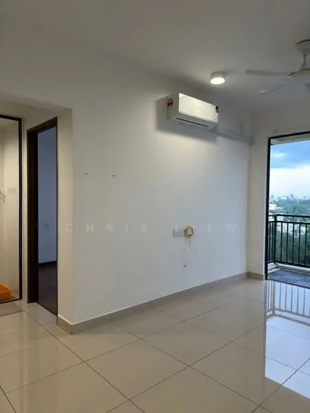 Room features: white painted walls, glossy ceramic tile flooring, 1 wall-mounted split AC, ceiling fan, floor-to-ceiling window, balcony door, light fixture, power outlet; view: city.
