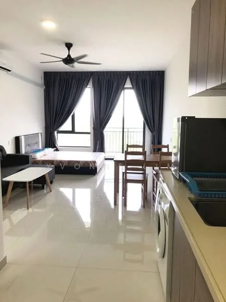 Living features: white painted walls, glossy tile flooring, 5-blade ceiling fan with light, floor-to-ceiling windows, grey curtains, sofa, coffee table, dining table with chairs, washing machine, kitchen countertop, stainless-steel sink; style: modern.