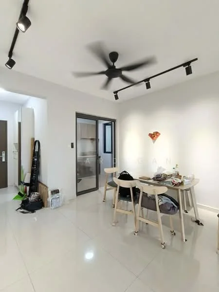 Dining features: white painted walls, polished ceramic tile flooring, 5-blade ceiling fan with light, track lighting, glass sliding door, dining table with chairs, decorative wall art, open shelving, plant in ceramic pot; style: modern. Room features: white painted walls, polished ceramic tile flooring.