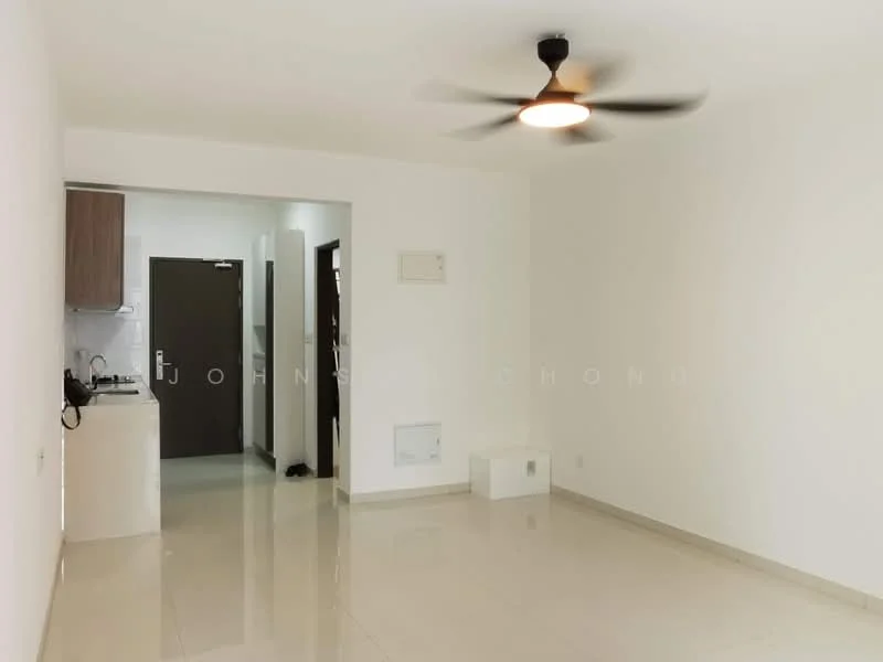 Living features: white painted walls, glossy tile flooring, 5-blade ceiling fan with light, open layout, natural light from adjacent room, neutral color scheme, no visible furniture, wall-mounted AC unit; style: modern. Kitchen features: kitchenette with countertop, stainless-steel sink, built-in cabinets, white cabinetry, appliances visible in background; style: modern.