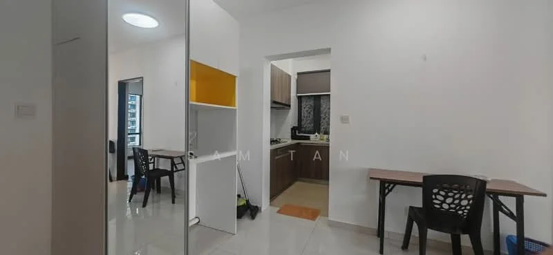 Room features: white painted walls, glossy tile flooring, two wooden tables, black plastic chairs, kitchen area visible, open layout, mirror on wall, window with view, yellow accent panel; style: modern; view: city.