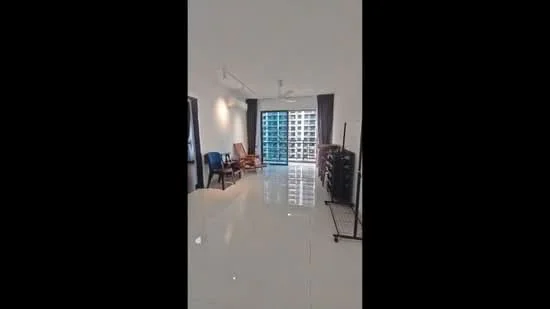 Living features: white painted walls, glossy tile flooring, 5-blade ceiling fan, floor-to-ceiling windows, sliding glass door, curtains, two armchairs, decorative shelving unit; style: modern; view: city.