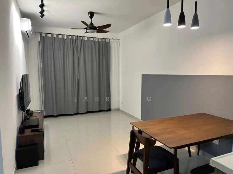 Living features: white painted walls, grey curtains, ceiling fan, recessed downlights, wall-mounted TV, TV console, dining table, wooden dining chairs, polished tile flooring; style: modern.