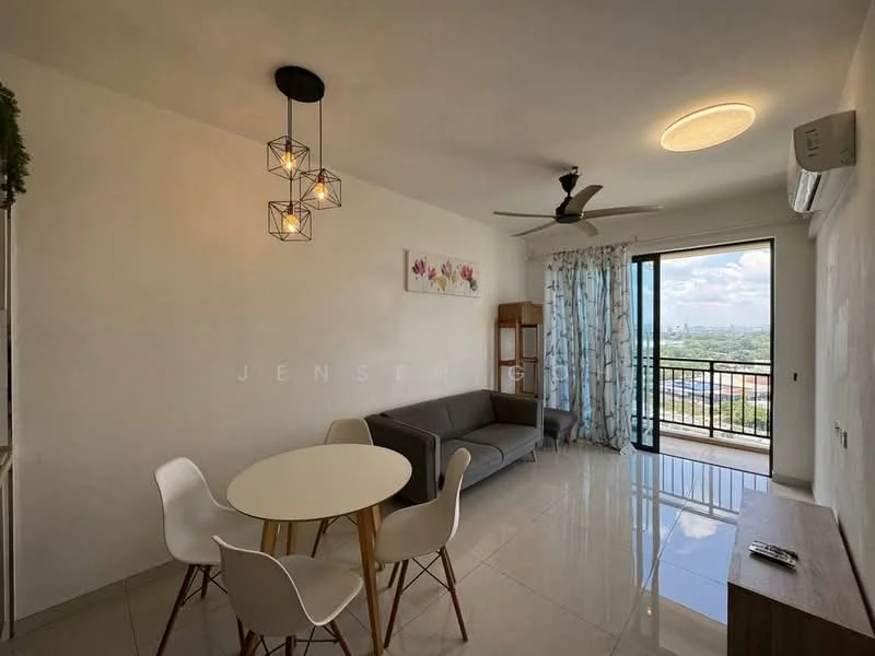 Living features: 3-seater fabric sofa in grey, round dining table with white top, 4 white dining chairs, ceiling fan with light, recessed ceiling light, floor-to-ceiling sliding glass door, curtains with floral pattern, wall-mounted air conditioning unit, light-colored tiled flooring, decorative wall art with floral design, wooden console table; style: modern; view: city.