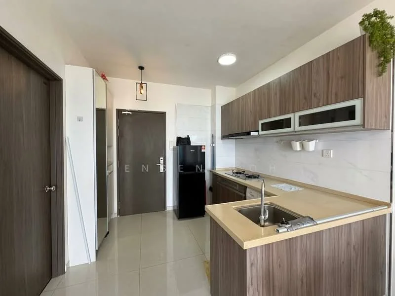 Kitchen features: laminate cabinetry in wood finish, light-colored countertop, single-bowl stainless-steel sink, chrome pull-down faucet, built-in stove with cooktop, refrigerator, black fridge, wall-mounted cabinets, tile backsplash, ceramic tile flooring, recessed downlights, open layout, door leading to hallway; style: modern.