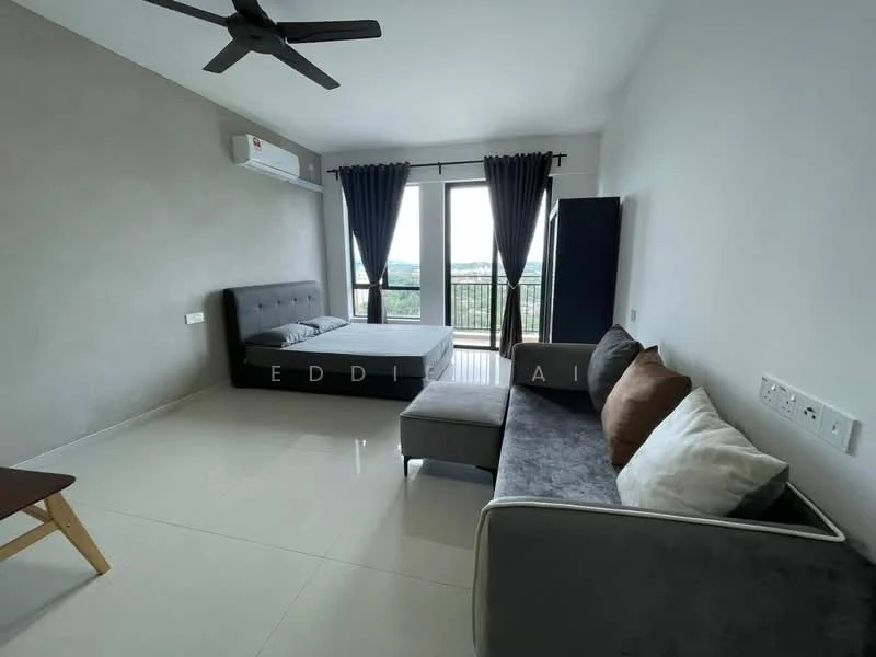 Living features: floor-to-ceiling windows, sliding glass door, grey accent wall, white painted walls, polished ceramic tile flooring, 5-blade ceiling fan, sofa with cushions, coffee table, air conditioning unit, blackout curtains, balcony view; style: modern; view: city.