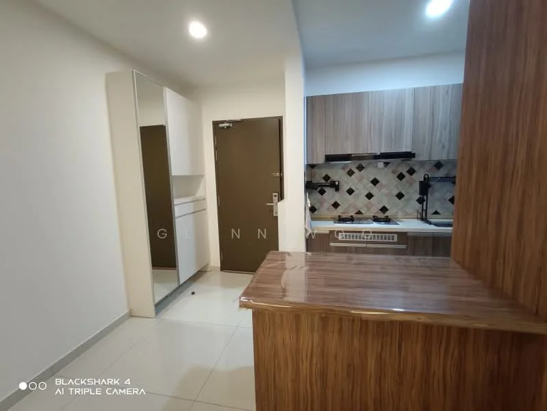 Kitchen features: laminate cabinetry in wood finish, white tiled backsplash with geometric pattern, granite countertop, single-bowl stainless-steel sink, chrome pull-down faucet, built-in oven, freestanding range oven, recessed LED downlights, ceramic tile flooring, wall-mounted cabinet, open shelving, mirror on wall, door to hallway; style: modern.