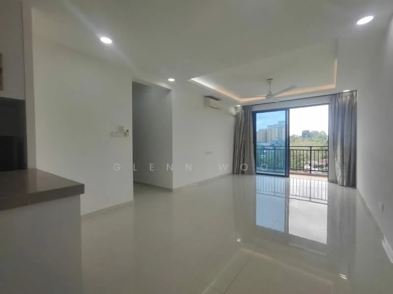 Living features: white painted walls, glossy ceramic tile flooring, recessed downlights, 5-blade ceiling fan, floor-to-ceiling sliding glass door, curtains, balcony access, air conditioning unit; style: modern; view: city.