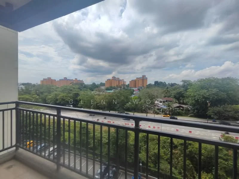 Balcony features: metal railing, concrete flooring, outdoor view, city skyline view, greenery view, overlooking road; view: city.