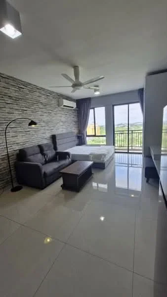 Living features: grey fabric sofa, coffee table, floor lamp, 5-blade ceiling fan, wall-mounted split AC, large sliding glass door, floor-to-ceiling windows, white walls, stone accent wall, glossy tile flooring, curtains, balcony view; style: modern; view: garden.