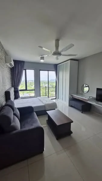 Bedroom features: queen-size bed, upholstered headboard, 3-seater fabric sofa in dark grey, coffee table, wall-mounted TV, built-in wardrobe with sliding doors, floor-to-ceiling windows, grey curtains, ceiling fan with light, light-colored tile flooring, decorative mirror; style: modern; view: garden.
