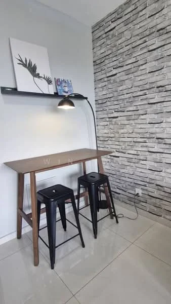 Study features: wooden table, two black metal stools, stone accent wall, grey painted walls, floor-to-ceiling windows, recessed lighting, shelf above table, decorative artwork; style: modern.