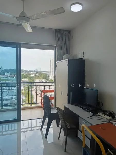 Room features: floor-to-ceiling windows, sliding glass door, white painted walls, glossy tile flooring, ceiling fan, LED ceiling light, desk with computer, black cabinet, wooden chair, plastic chair, curtains, view of city skyline; style: modern; view: city.