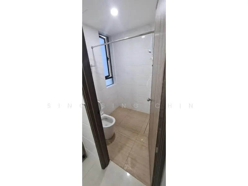 Bathroom features: white tiled walls, beige tiled flooring, shower area with glass partition, toilet, single-sink vanity, mirror, window, shower head; style: modern.